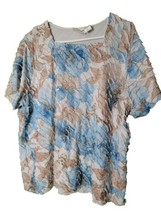 Allred Dunner Womens Top Short Sleeve Windowpane Blue Brown Floral Blous... - £14.63 GBP