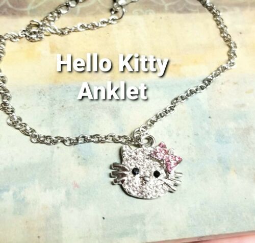 Hello Kitty Ankle Bracelet, Silver Anklet, Crystal Hello Kitty Jewelry, Summer  - $16.14