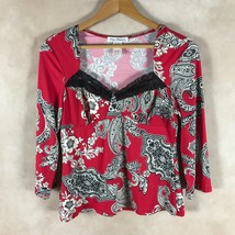 LINEA DONATELLA Red Paisley Print Lace Trim Pajama Shirt Size Medium - £6.08 GBP