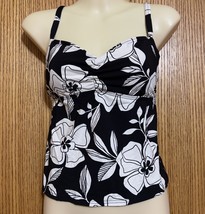 Vintage Lands&#39;End Ladies Tankini swim top Black w&#39;white flowers size 8 - $32.50