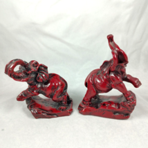 Lucky Elephant Pair Red Lacquered Figurines Chinese 4 inch Tall Fung Shui Asian - £12.02 GBP