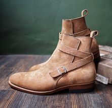 Handmade men&#39;s beige suede leather ankle strap boots US 5-15 - £120.18 GBP+