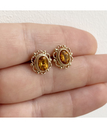 Vintage Filigree Solid 9K Yellow Gold Citrine Stud Earrings Small Oval G... - £223.54 GBP