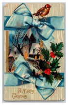 Blue Ribbon Holly Cabin Scene Merry Christmas Winsch Back DB Postcard UN... - $4.42