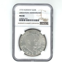 1970 Norvège Argent 25 Kroner Libération Anniversaire Monnaie Classé Ms ... - $83.84