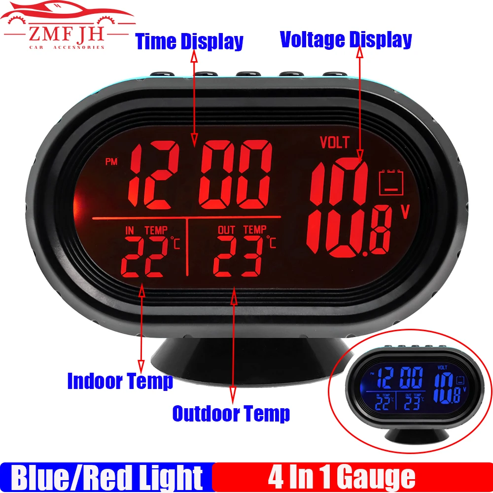 Digital 4 IN 1 Voltmeter+Water Temperature Gauge+Clock Auto Thermometer - £18.93 GBP+