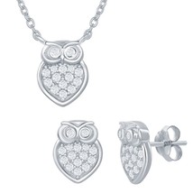 Sterling Silver Small Micro Pave Owl Necklace &amp; Earrings Set - £59.44 GBP