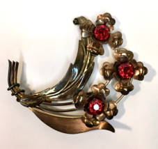 HARRY ISKIN Art Nouveau RED RHINESTONE FLOWER Brooch Pin 1/20 10k Gold F... - $39.99