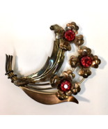 HARRY ISKIN Art Nouveau RED RHINESTONE FLOWER Brooch Pin 1/20 10k Gold F... - £31.46 GBP