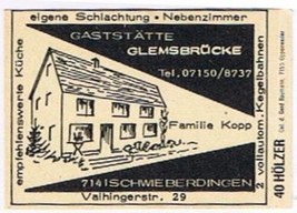 Matchbox Label Germany Gaststatte Glemsbrooke Restaurant Berdingen - $0.98