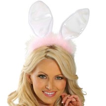 Furry Bunny Ears Headband White Pink Satin Faux Fur Fuzzy Rabbit Costume... - £8.54 GBP