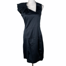 NUAN Italy Fitted Cocktail Dress Size 44 Navy Blue V Neck Ruffled Shoulder - £51.24 GBP