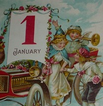 Cute Kids &amp; Angel Riding in Car With January 1, New Year Banner Antique Postcard - £9.34 GBP