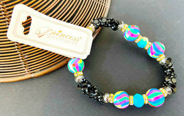 Bracelet: Double-stretch Elastic Duro Dipped Multi Colored Bead W/BLACK Crystal - £2.38 GBP