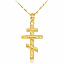 14k Solid Real Yellow Gold Russian Orthodox Cross Pendant Necklace - £153.85 GBP+