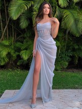 Light Blue  Unique Prom Dress  See-Through Spaghetti Strap Applique Split Women  - £100.92 GBP