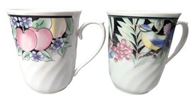 Lynns Fine China Coffee Tea Mugs Cups 2pc Floral Fruit and Bird Pattern ... - $18.97