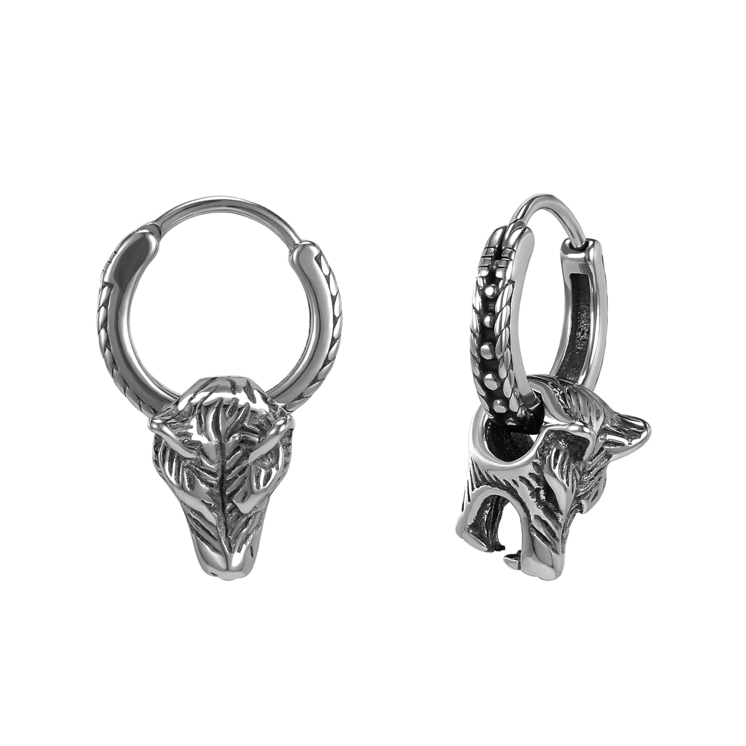 Punk Rock Hoop Earrings Stainless Steel Skull Earring for Men Women Hip-Hop Wolf - £18.23 GBP