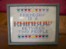 Vtg Primitive Friendship Rainbow Between 2 People Hipster Crosstitch Nee... - $39.99