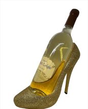 Gold Wine Bottle Holder Stiletto Shoe Glitter Festive Poly Stone 8" High Bar image 3