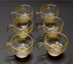 Set of 6 Vintage Lubiana Italy Clear Glass Gold Trim Wheat Cappuccino Cup Saucer - £59.47 GBP