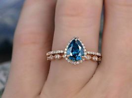 2Ct Pear Cut London Blue Topaz Halo Diamond Bridal Ring Set 14k Rose Gold Over - £70.91 GBP