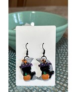 Black Cat Witch Moon Polymer Clay Handmade Earrings Spooky Season Halloween - $17.82