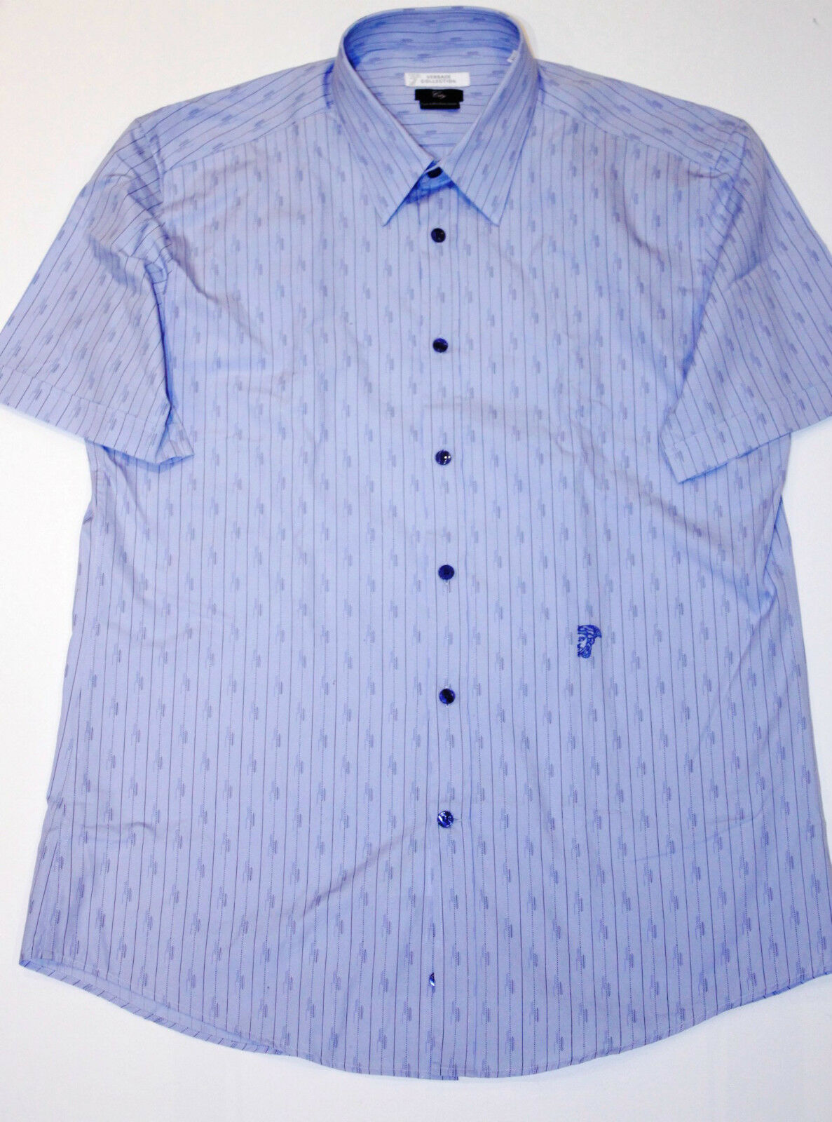 Primary image for VERSACE COLLECTION  City LIGHT BLUE Short Sleeve MEDUSA Embroidered STRIPE Shirt