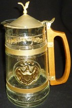 VINTAGE GLASS LIDDED BEER STEIN TANKARD PITCHER WOODEN HANDLE GOLD EAGLE - $24.00