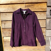 Sag Harbor Women&#39;s Top Button Down Long Sleeve Suede Flower Blouse Purple Medium - £11.86 GBP