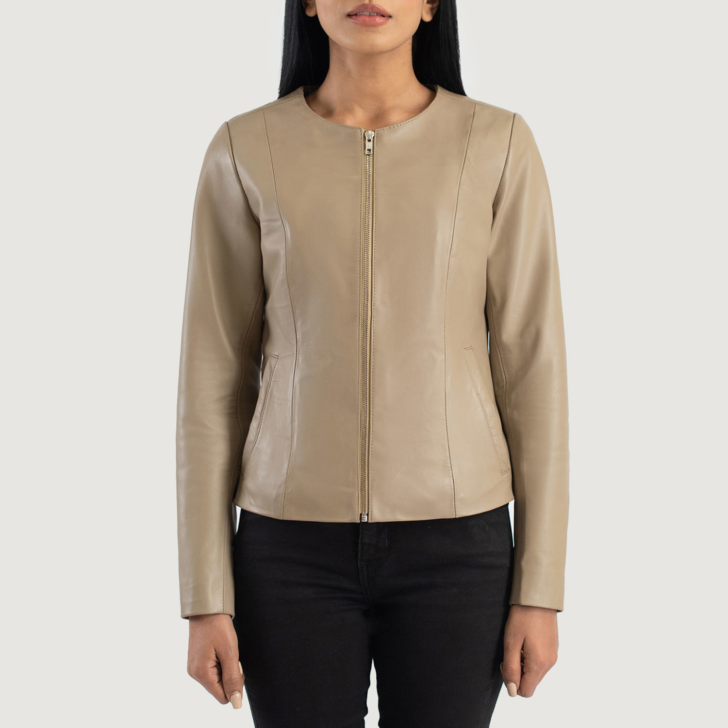 LE Elixir Beige Collarless Leather Jacket
