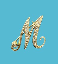 Initial M Vintage Gold Tone Brooch With Rhinestone Accents Collectible - $9.00