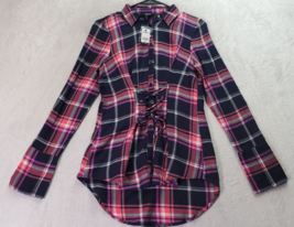 Express Blouse Top Women XS Multi Plaid Flannel Drawstring Collared Button Front - £18.72 GBP