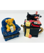 Lot 2 Vintage Ceramic Hinged Trinket Boxes Teddy Bear Sewing Machine Cot... - $365.38 MXN