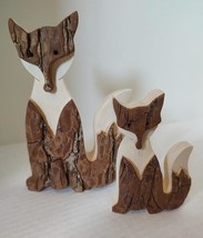 Fox 2 Foxes Set Wood Bark Handcrafted Figurines Made in Poland Handmade - £37.85 GBP