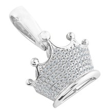 14K White Gold Plated Real Moissanite Crown King Pendant .95&quot; Mens Royalty Charm - £251.18 GBP