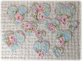 Vintage Cutter Quilt Blue Aqua Pink Quilted Heart Applique Die Cuts Cott... - $14.24