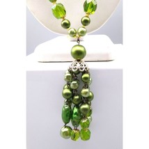 Vintage Green Faux Pearl Necklace with Tassel Pendant, Vibrant Baroque - £30.93 GBP