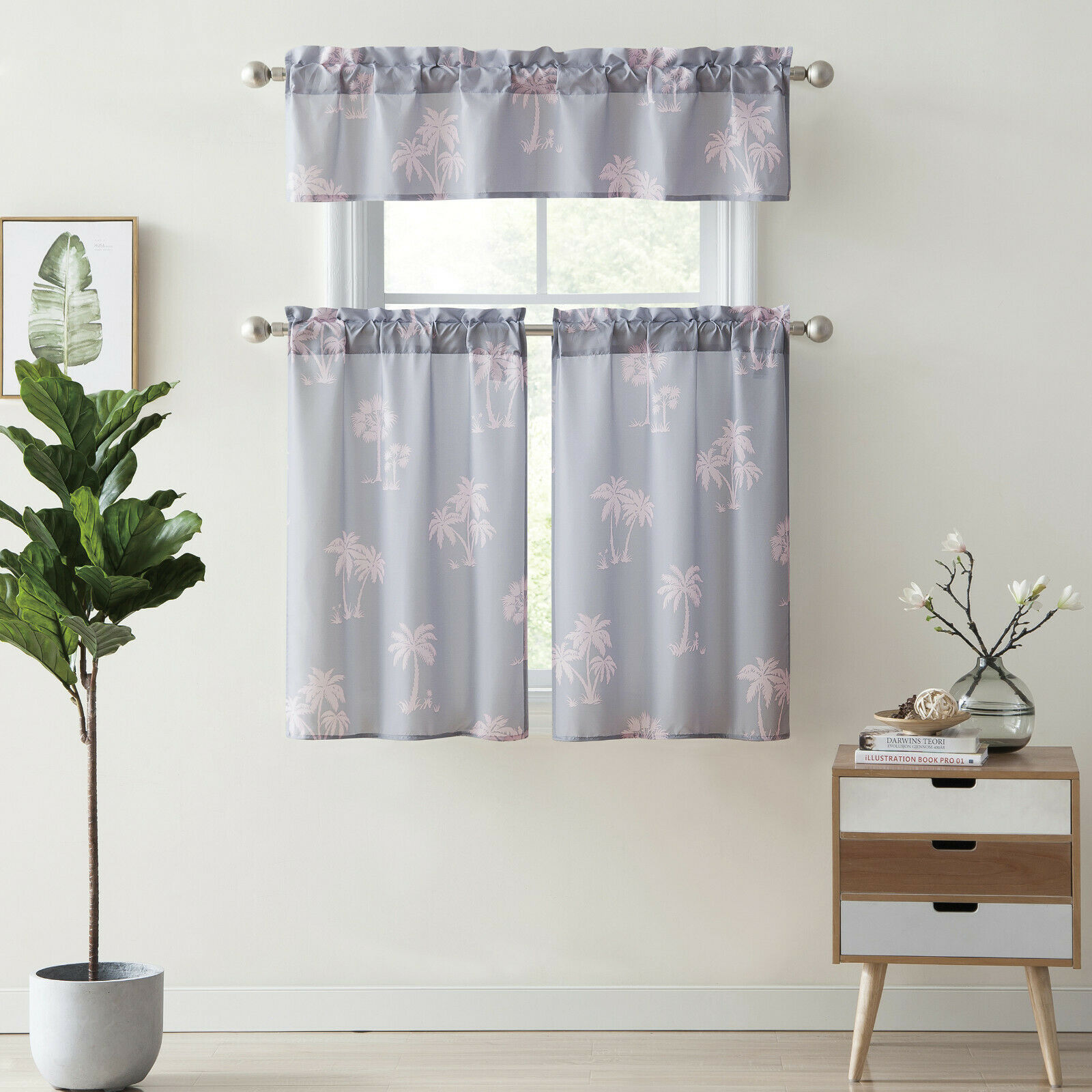 Primary image for Tropical Palm Trees 3 Piece Decor Curtains Set, Tiers & Valance Grey, Modern-NEW