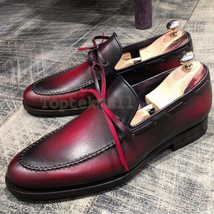 Handmade Men&#39;s Leather Burgundy Loafers Slip Ons Spring Casual Stylish Shoes-220 - £175.07 GBP