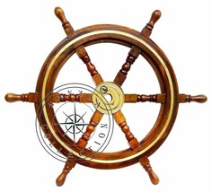24&quot; Nautical Antique Brass Ring Wooden ship steering Wheel Vintage Decor 01 - €107,51 EUR