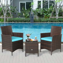 3Pcs Patio Rattan Furniture Set Cushioned Sofa and Glass Tabletop Deck-Blue - £131.24 GBP