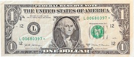 One Dollar Star Note $1 Bill Fancy Serial Number L 00680397 * - £2.26 GBP