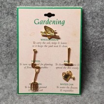 Vtg Set (5) Gold-tone Metal GARDENING Tools Lapel Pin Brooch on Card Garden - $14.03