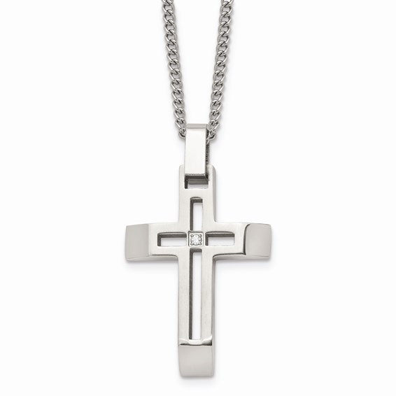 Primary image for Stainless Steel Brushed & Polished CZ Cross Necklace