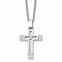 Stainless Steel Brushed &amp; Polished CZ Cross Necklace - £55.94 GBP
