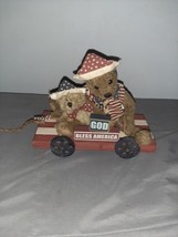 4th of July Patriotic Plush TEDDY BEARS Wood Platform Pull Toy God Bless... - $20.99