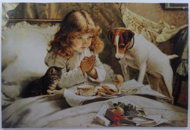 Dinner Prayers Little Girl in Bed with Household Pets Metal Sign - $14.95