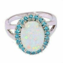 3Ct Simulated Opal Aquamarine Halo Engagement Ring 14K White Gold Plated Silver - £94.95 GBP