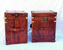 Pair of Finest English Leather Antique Inspired Side Table Trunk &amp; Chest... - £463.09 GBP